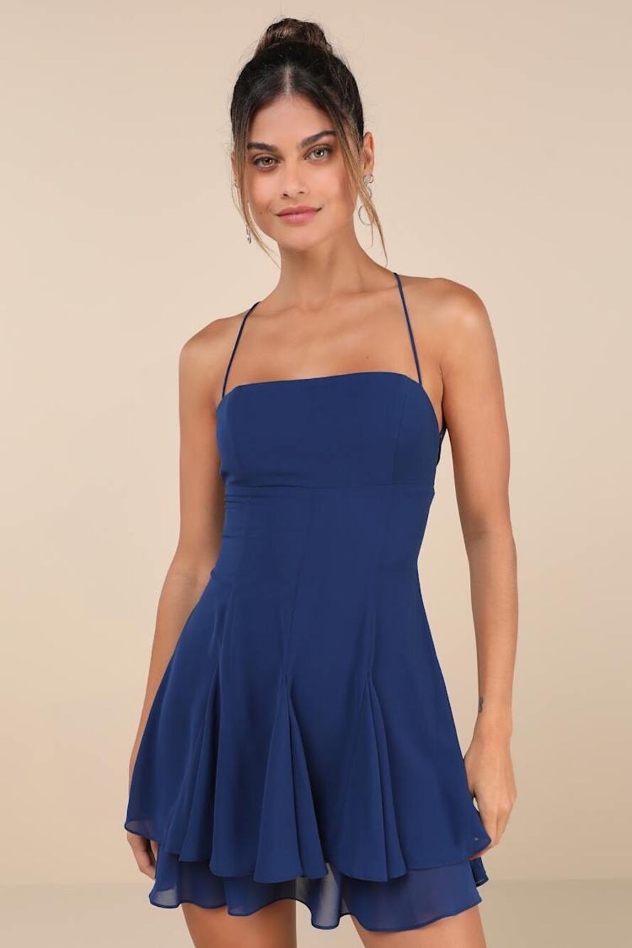 New Lulus Dark Blue Pleated Tiered Mini Dress Size Large MSRP $62